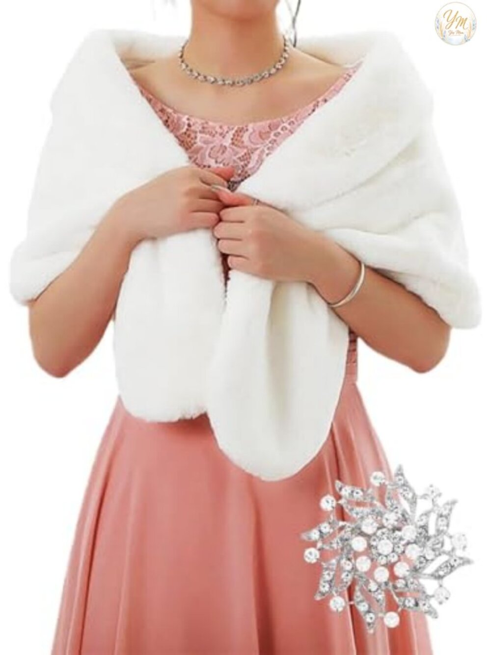 Faux Fur Wedding Shawl Wrap with Brooch Bridal Scarf Stole